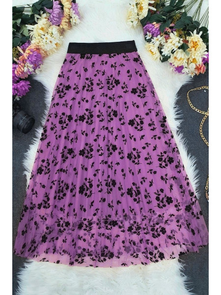 Tulle Printed Elastic Skirt - Purple