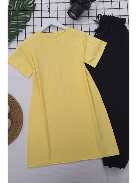 Crew Neck Slit Short Sleeve Basic Tshirt -Yellow