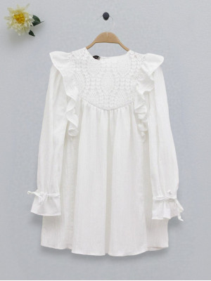 Lace Embroidered Poplin Tunic with Shoulder Ruffle Robe -Ecru