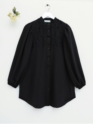 Embroidered Balloon Sleeve Tunic -Black