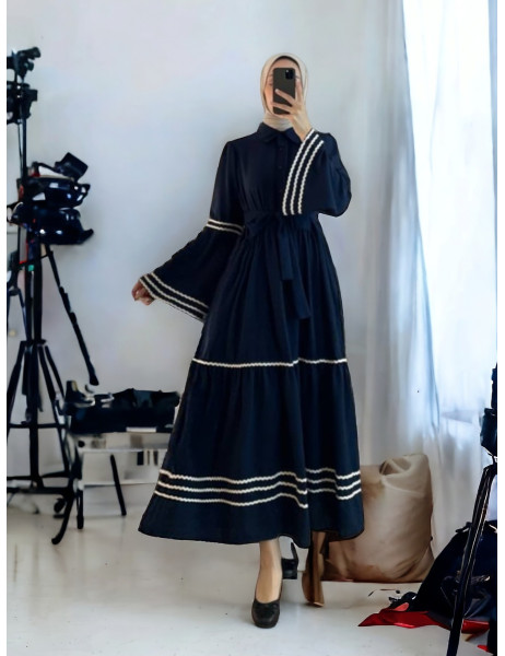 Partial Dress with embroidered sleeves and skirt -Navy blue
