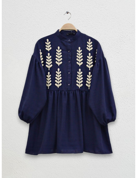 Punch Embroidered Half Buttoned Linen Tunic -Navy blue