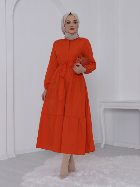 Half Buttoned Elastic Sleeve Lace-Up Dress -Orange