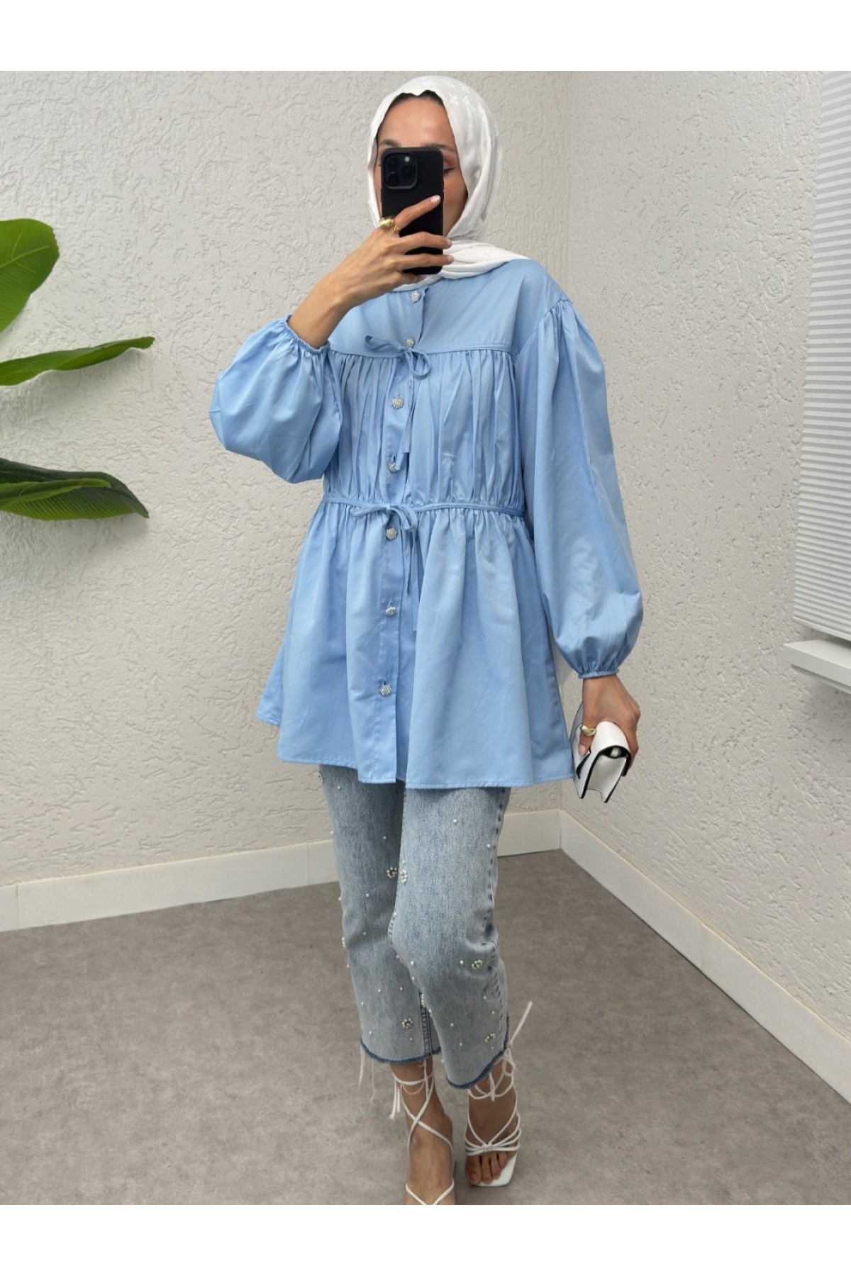Button-Down Shirt Tunic with Front Lace Detail -Baby Blue
