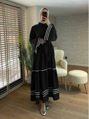 Partial Dress with embroidered sleeves and skirt -Black