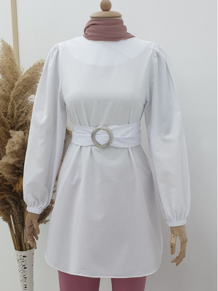 Buckled Belted Sleeves Elastic Tunic -White
