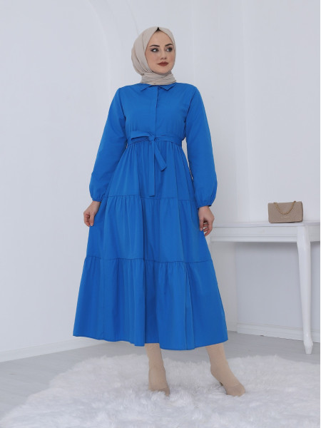 Half Buttoned Elastic Sleeve Lace-Up Dress -Blue