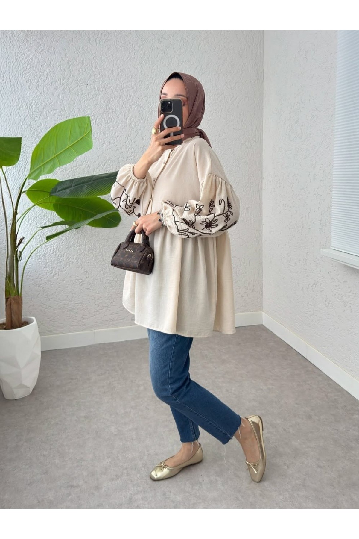 Half Buttoned Elastic Sleeve Embroidered Piece Tunic -Stone