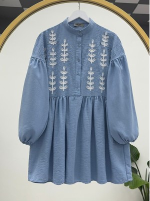 Punch Embroidered Half Buttoned Linen Tunic  -Baby Blue