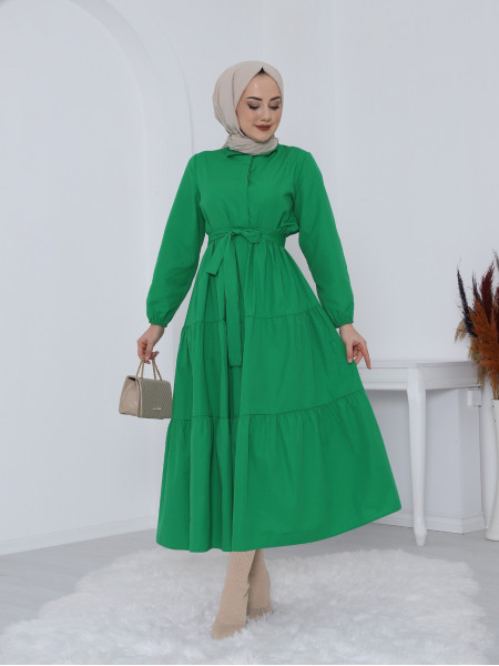 Half Buttoned Elastic Sleeve Lace-Up Dress -Green