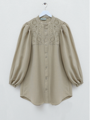 Embroidered Balloon Sleeve Tunic -Mink color