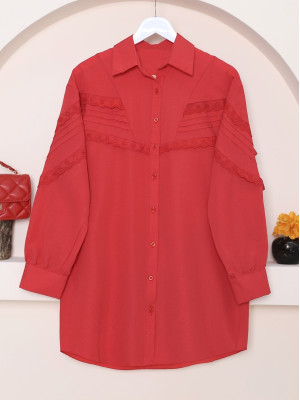 Button Down Shoulder And Front Scalloped Shirt  -Red
