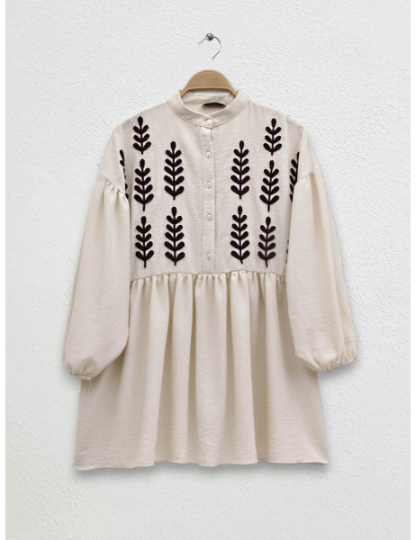 Punch Embroidered Half Buttoned Linen Tunic - Beige