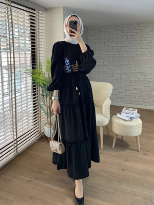 Robası Nakış İşlemeli Parçalı Rami Keten Elbise  -Siyah