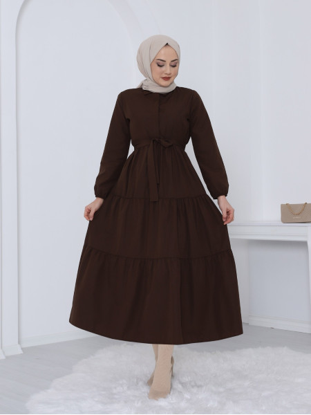 Half Buttoned Elastic Sleeve Lace-Up Dress -Brown