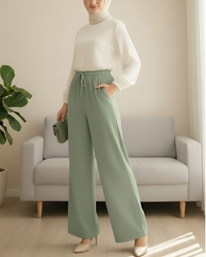 Beli Lastikli Bağcık Detaylı Cepli Bol Paça Tensel Pantolon -Çağla Y.