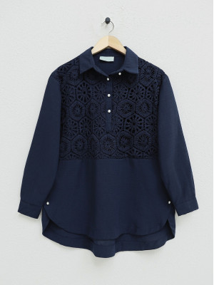 Lace Embroidered Skirt Button Detailed Shirt   -Navy blue