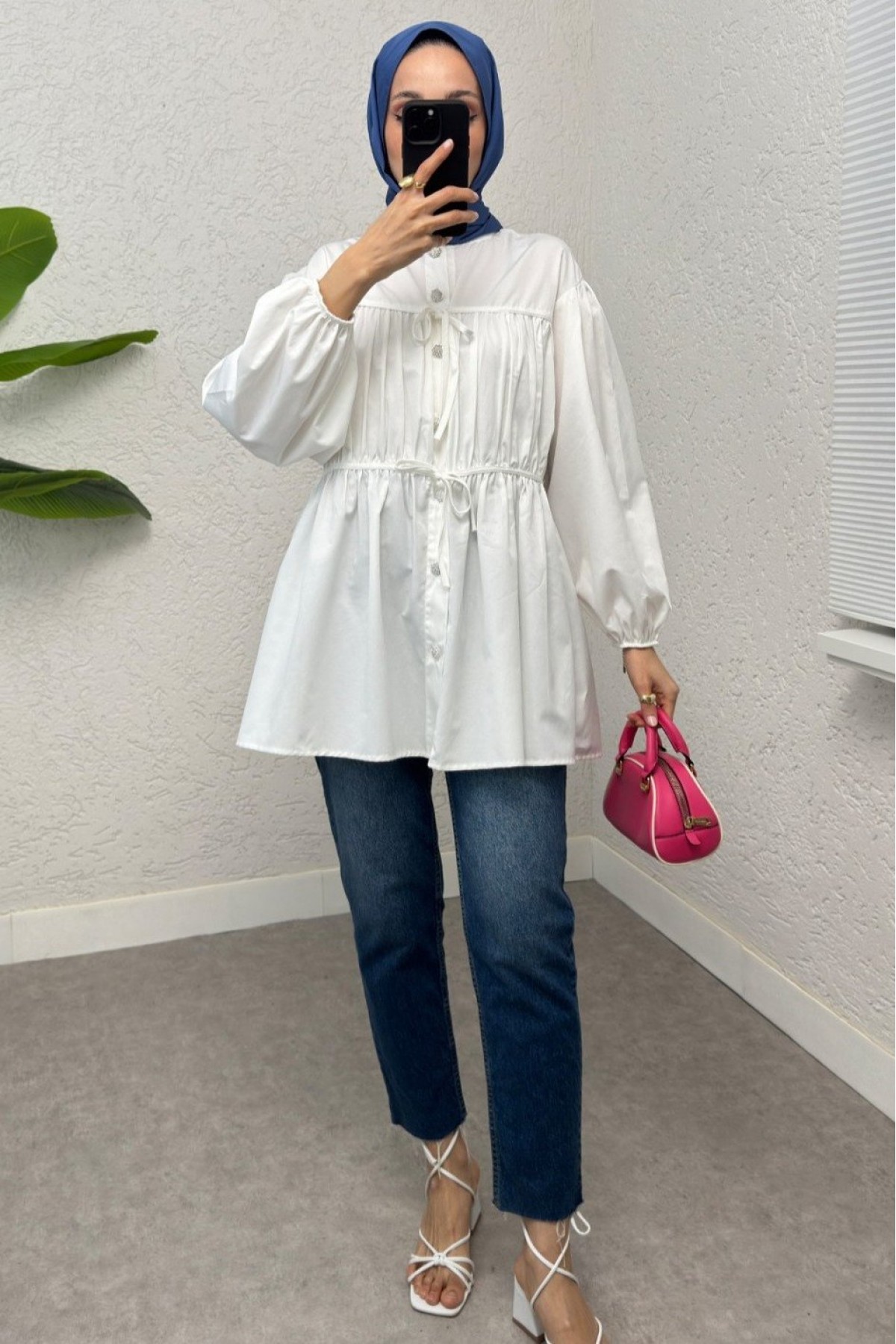 Button-Down Shirt Tunic with Front Lace Detail -Ecru
