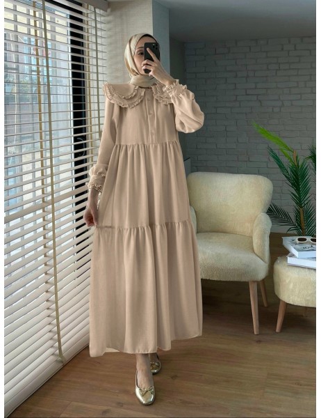 Baby Collar Ruffled Piece Imported Linen Dress -Mink color