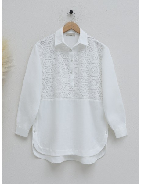 Lace Embroidered Skirt Button Detailed Shirt  -White