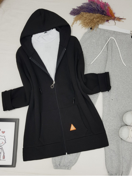 Hooded Zippered Three-Thread Fleece -Black