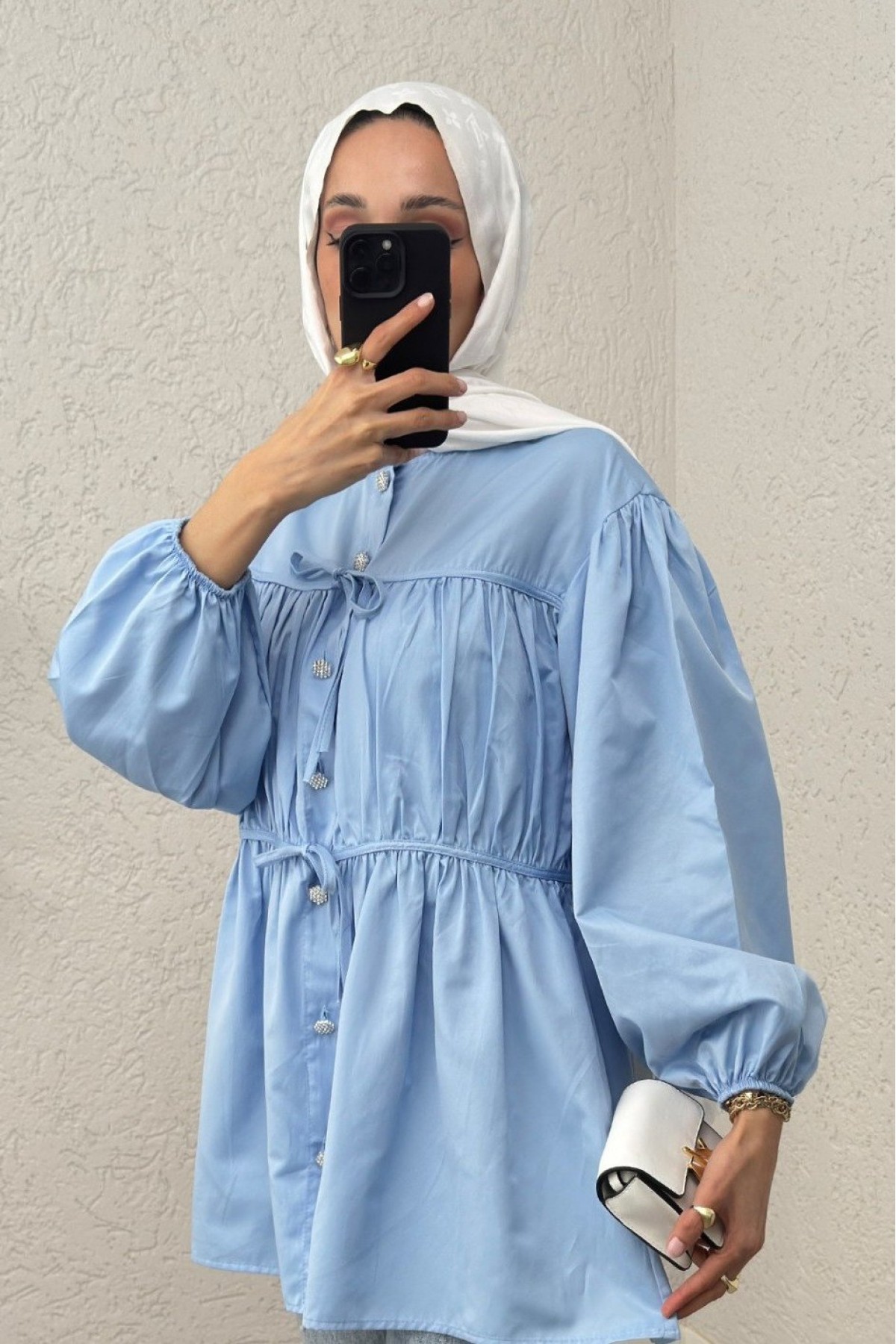 Button-Down Shirt Tunic with Front Lace Detail -Baby Blue
