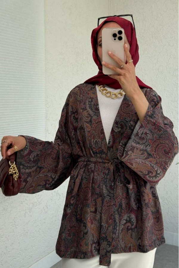 Etnik Desenli Bağcıklı Kimono -Kahve
