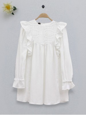 Lace Embroidered Poplin Tunic with Shoulder Ruffle Robe -Ecru