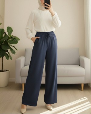 Beli Lastikli Bağcık Detaylı Cepli Bol Paça Tensel Pantolon -Laci