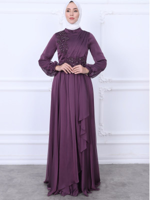 Embroidered Waist High Collar Tulle Long Evening Dress -Damson