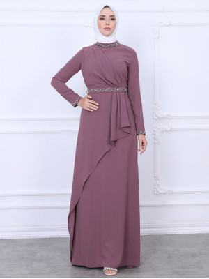 Bead Detailed Evening Dress with Judge Collar Belt and Sleeves  -Cherry Color