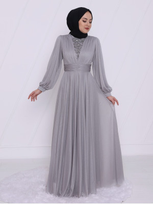 Silvery Tulle Evening Dress  -Grey