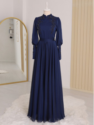Stone Detailed Evening Dress with Embroidered Front and Sleeves -Navy blue