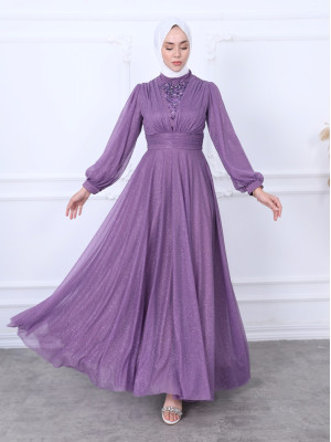 Silvery Tulle Evening Dress - Purple