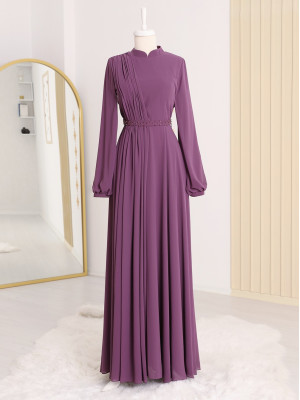 Belt Stone Evening Dress   - Purple