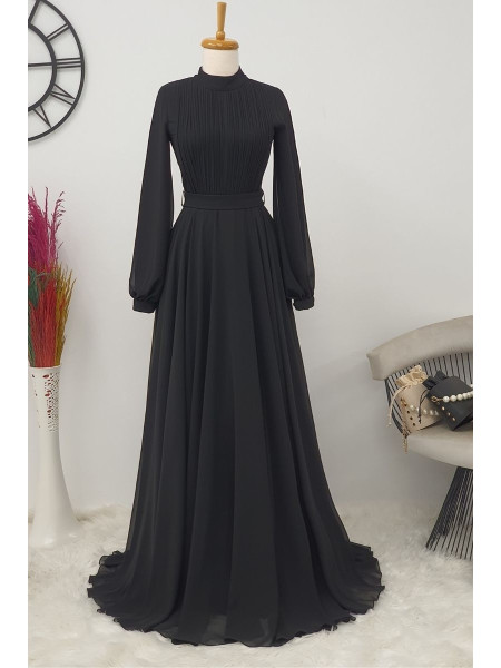 Pleated Collar Evening Dress -Black