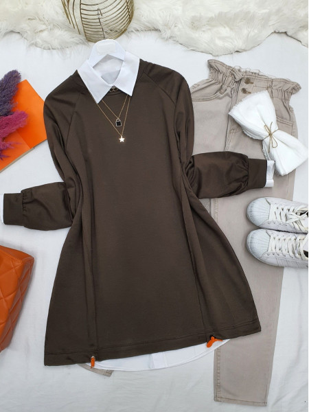 Crew Neck Skirt Tied Loose Tunic -Brown