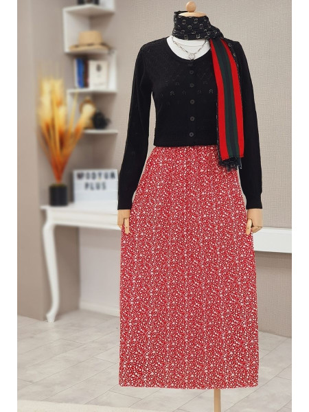Floral Waist Elastic Skirt -Red