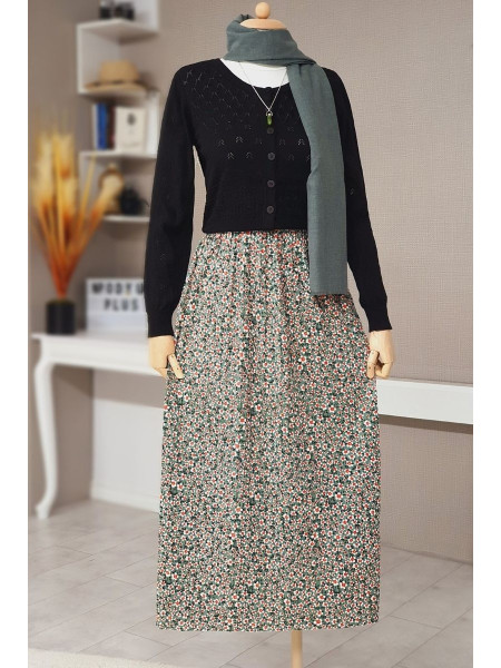 Floral Waist Elastic Skirt -Green