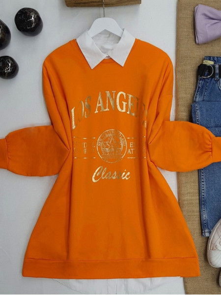 Crew Neck Printed Double Pocketed Loose Tunic -Orange