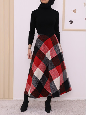 Checkered Flared Winter Cachet Skirt -Red