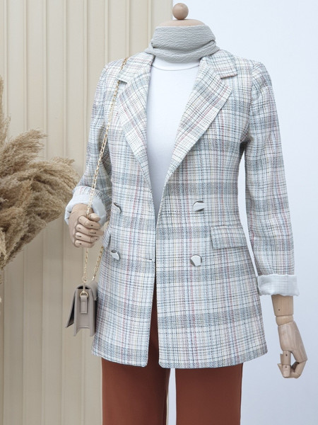Pocket Detailed Jacket with Colorful Checkered Buttons - Beige