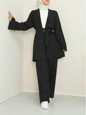Belted Waist Spanish Sleeve Crinkle Double Suit -Black