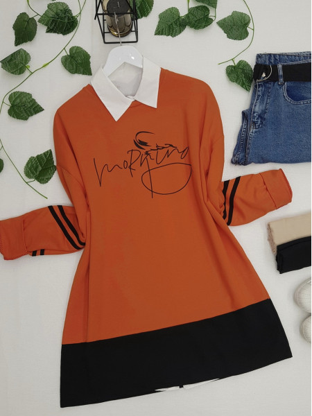 Striped Sleeves Skirt Double Color Sweat -Orange