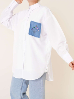 Pocket Denim Detailed Stone Shirt -White