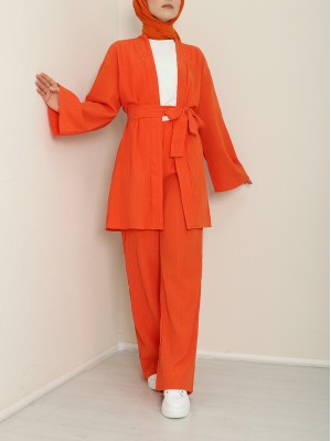 Belted Waist Spanish Sleeve Crinkle Double Suit -Orange
