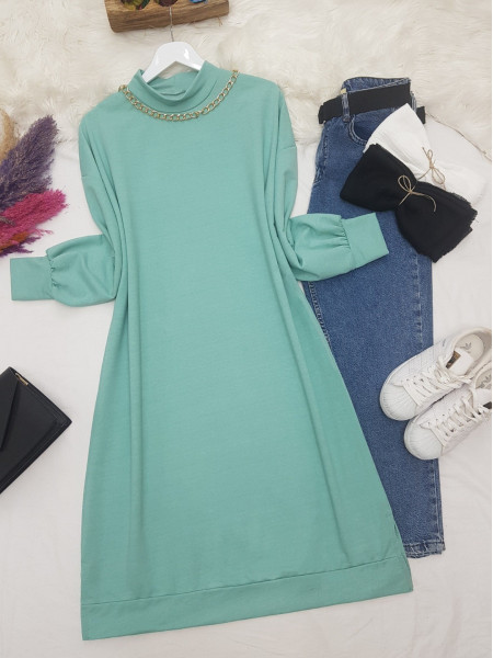 Chain Detailed Slit Long Combed Cotton Tunic -Mint Color