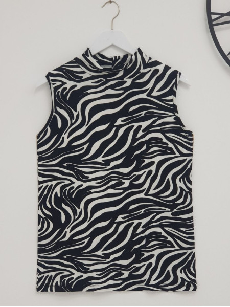 Zero Sleeve Half Neck Zebra Pattern Underwear -Black