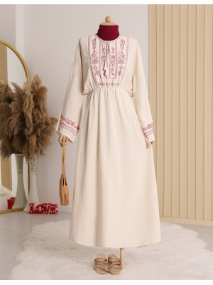 Front and Sleeves Embroidered Linen Dress -Fuchsia