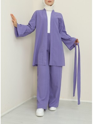 Belted Waist Spanish Sleeve Crinkle Double Suit -Lilac